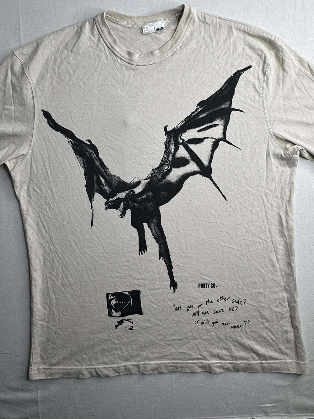 H&M Cream Short-Sleeve Tee with Black Bat Graphic